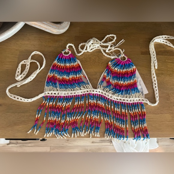 NWT My Beachy side Sorbet Multi Shimmer Hand-Crochet beaded halter Top - medium - Picture 5 of 6